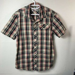 Mossy Oak Mens Medium SS Button Down Shirt Black Tan Red Plaid Check Camp Hike